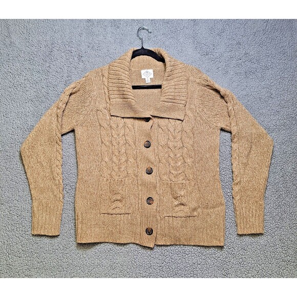 St Johns Bay Womens XL Cable Knit Fisherman Cardigan Pockets Beige Classy Cozy - Picture 1 of 10